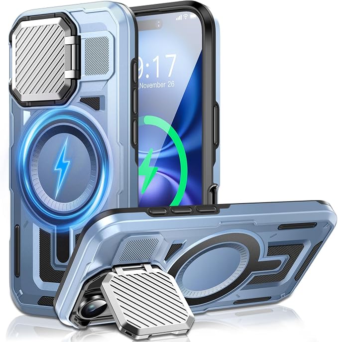 Camera Stand Case for iPhone 16, [Compatible with MagSafe] [Lens Cover] 2024 Version Military Grade Protective Soft Case for iPhone 16 6.1 inch Men Women, Blue by WASTROYAL