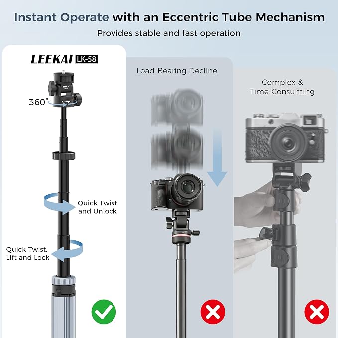 82'' Auto Pop-Up Light Stand, 360° Ball Head Tripod with Quick Release Set | LEEKAI LK58 Extendable Camera Phone Tripod Stand w 1/4" Screw for DSLR Camera, Ring Light, Video Rig, Max Load 20 lbs - Image 3