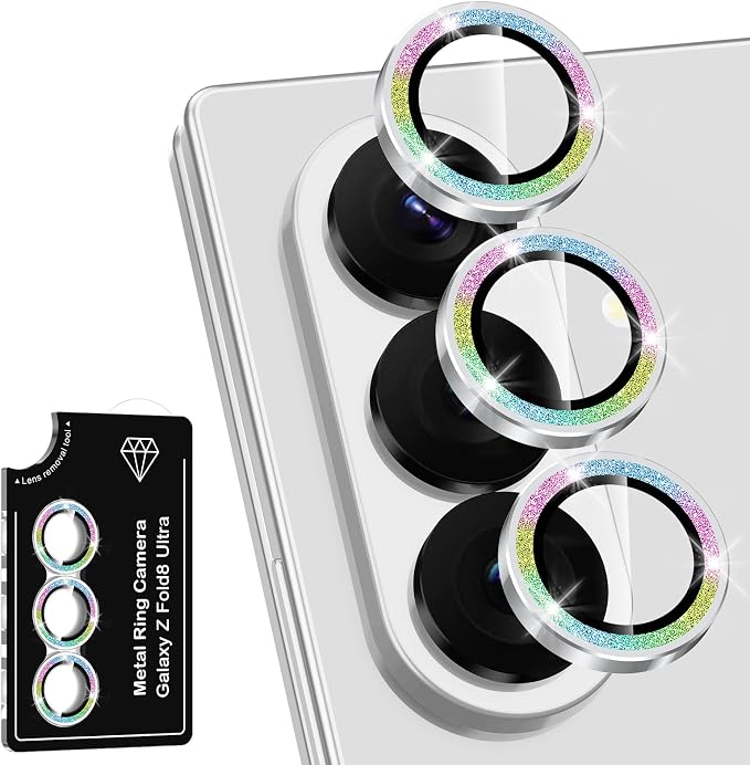 for Samsung Galaxy Z Fold 8 Ultra Camera Lens Protector, Individual Metal Ring Tempered Glass Lens Cover, [Strong Adsorption] Scratch Resistant Ultra-Thin HD Clear Lens Cover, 1 Set-Colorful Sparkly by Btscase