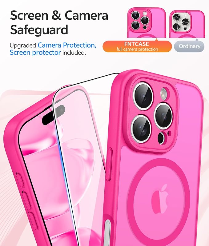 FNTCASE for iPhone 16 Pro Case, Fit for Magsafe, with Screen Protector | Full Camera Protection, Translucent Matte, 14FT Military Grade Drop Proof, Shockproof Protective Phone Cover, Hot Pink - Image 4