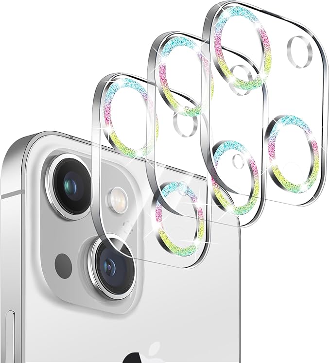 3 Pack Dengduoduo Tempered Glass Camera Lens Protector for iPhone 14 6.1" & iPhone 14 Plus 6.7", Glitter Bling Diamond, Ultra HD, 9H Hardness, Anti-Scratch, Case Friendly, Easy to Install [No Affect on Night Shots] by Dengduoduo