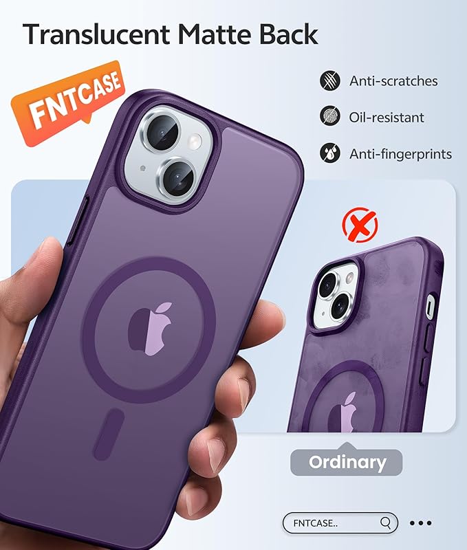 FNTCASE for iPhone 15/14/13 Case, Fit for Magsafe, Glass Screen Protector | Translucent Matte, Magnetic Phone Cases, 14FT Military Grade Drop Protection, Slim Shockproof Protective Cover, Purple - Image 6