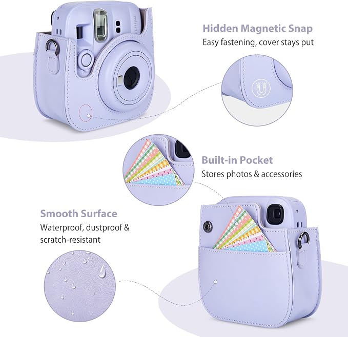Phetium Mini 13 Camera Case for Fujifilm Instax Mini 13 12 Camera-Purple | Mini Camera Protective Case,PU Leather Bag,Photo Storage Pocket,Adjustable Shoulder Strap,Magnetic Flip - Image 4