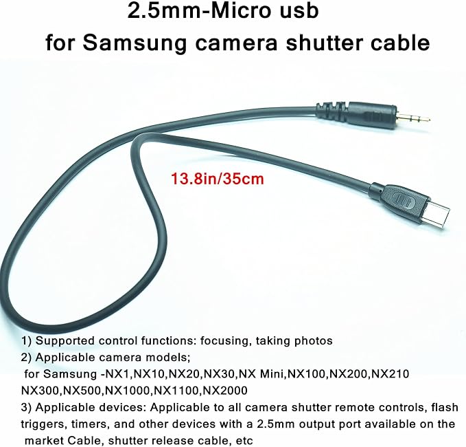 2.5mm-Micro USB Camera Remote Shutter Release Cable Wire for Samsung Accessories Nx1000/Nx2000/Nx300 Used for Connecting Wireless Remote Controls Flash Triggers and Shutter Controllers (SR2NX2) - Image 2