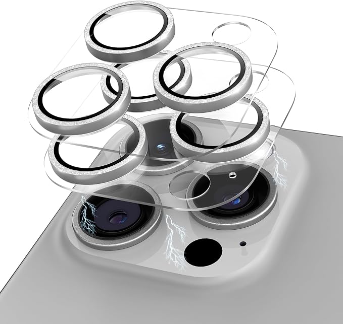Compatible for iPhone 16 Pro Max/iPhone 16 Pro/iPhone 14 Pro/iPhone 14 Pro Max Camera Lens Protector Glitter, Clear 9H Tempered Glass Glitter Silver+Silver by KANOSAN