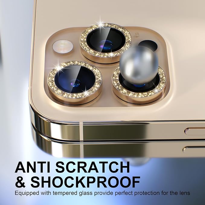 Choiche for iPhone 13 Pro/iPhone 13 Pro Max Camera Lens Protector | Ultra HD, Bling 9H Tempered Glass Camera Cover Screen Protector Metal Ring Decoration Accessories (Glitter-Gold) - Image 3
