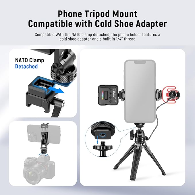 NEEWER Metal Phone Tripod Mount with Cold Shoe NATO Clamp Compatible with DJI RS5 RS4 RS3 Pro RS2 RSC2 Gimbal Stabilizer, 180° Tilt Phone Clip Holder Compatible with iPhone 15 Pro Camera Cage, GA010 - Image 3