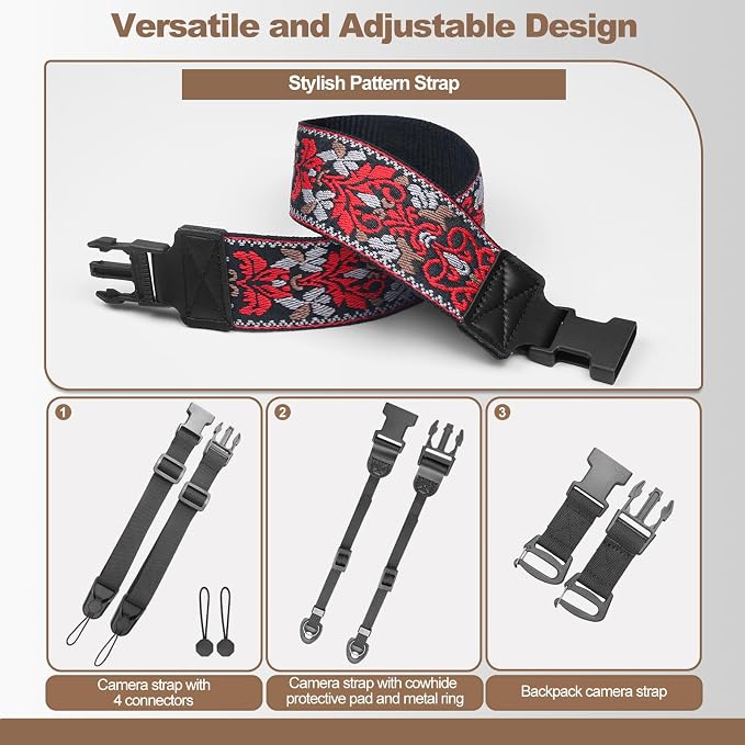Adjustable Camera Neck Strap, Vintage Embroidered Shoulder & Crossbody Camera Strap with 4 Connection Ways, Anti-Slip Camera Strap for DSLR, Mirrorless & Camcorder, Travel & Outdoor Photography Gear - Image 4