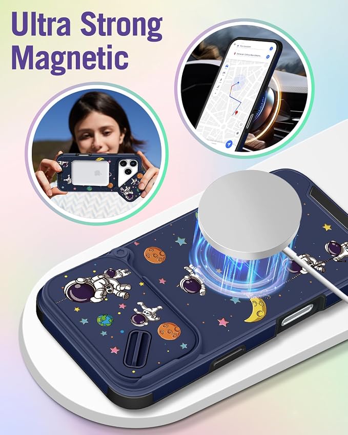 Buleens for iPhone 17 Pro Case 6.3 Inch - with Ring Stand & Camera Cover Aesthetic Cute Designed for Women Girls Girly Cartoon Astronaut Teens Phone Case for iPhone 17 Pro Compatible with Magsafe - Image 4