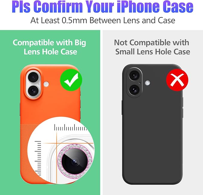 AGVEE 3+3 6 Pack for iPhone 17 Camera Lens Protector Cover | Individual Bling Diamond & Bling Glitter Sparkle Cute Gem Metal Ring, 9H Tempered HD Glass - Image 3