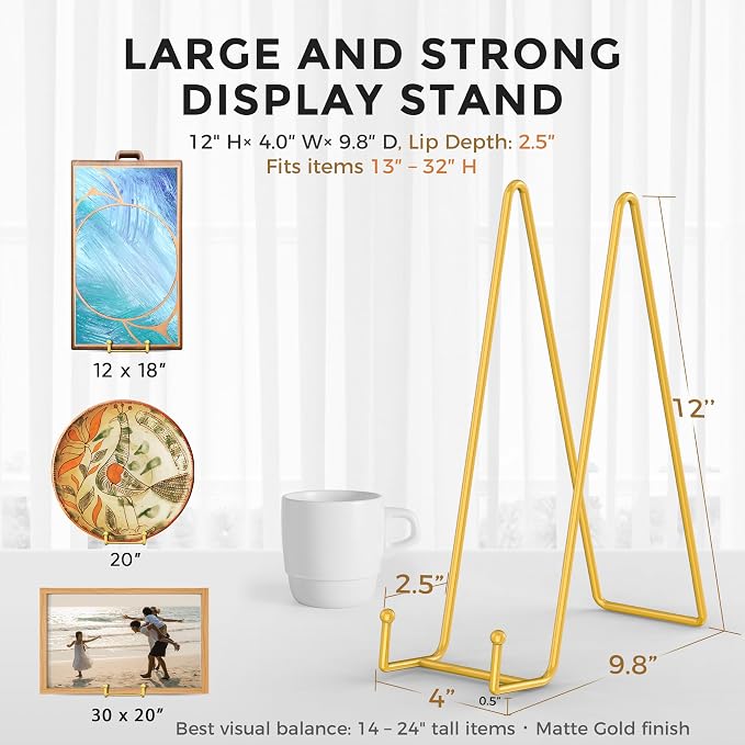 TR-LIFE 12 Inch Large Plate Stands/holder for Display - Metal Picture Frame Holder Stand + Small Easels for Platter, Book, Plaques, Photo, Tabletop Art (Gold 2 Pack) - Image 3