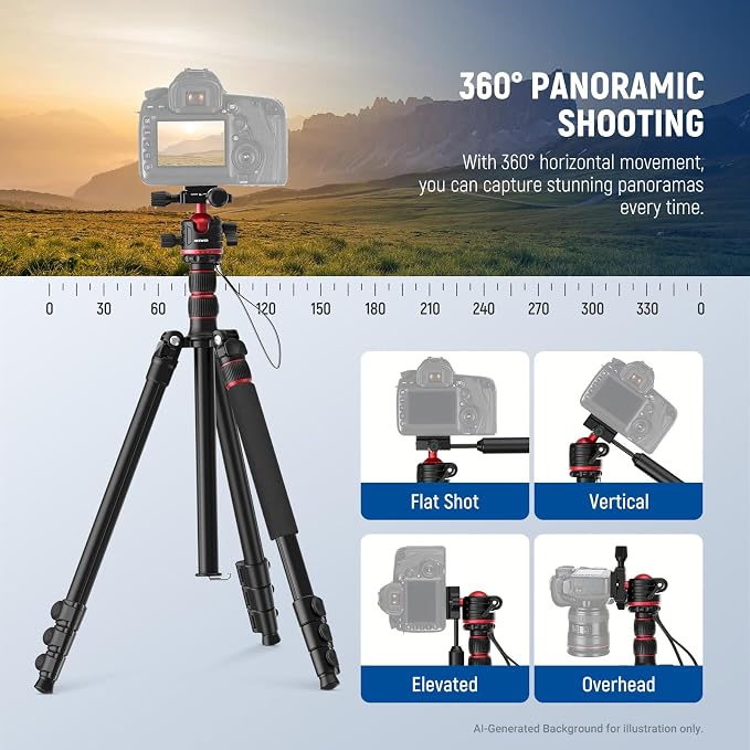 NEEWER BASICS Camera Tripod Monopod, 77" Compact Lightweight Travel DSLR Video Stand 360° Ball Head, Arca Type QR Plate, Reversible Legs, Inverted Central Axis & 2 Cleaning Cloths, 13lb Max Load, TP08 - Image 4