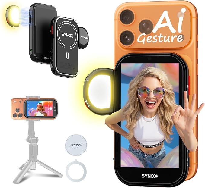 SYNCO Wireless AI Selfie Monitor Screen for iPhone 7-17 Series（Black） | AI Gesture‑Controlled Phone, 3‑Mode Fill Light, Wireless & Wired Switch Freely, 4.02″Larger Display for TikTop, Youtube by SYNCO