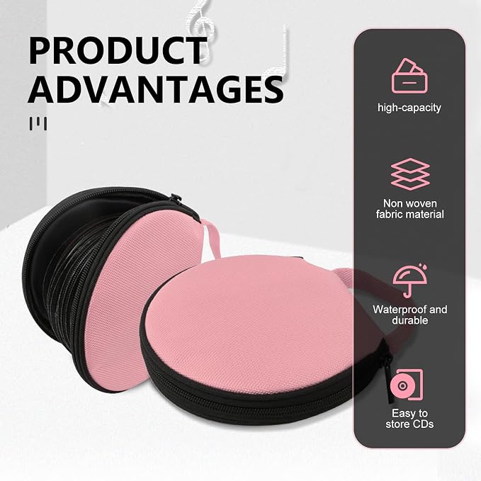 Car CD Case, 20 Capacity Oxford Cloth CD Protective Holder with Transparent Film Divider, Waterproof Portable Round Disc Case with Reinforced Handle, Universal DVD Organizer Wallet (Pink) - Image 4