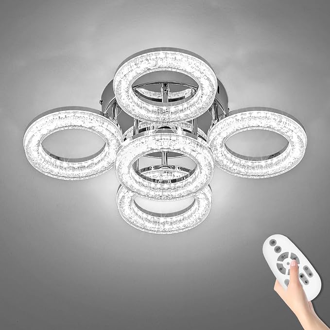 Modern Ceiling Light, 5 Rings 16.9'' Dimmable LED 49W Flush Mount Ceiling Lights with Remote Acrylic Crystal Round Ceiling Light Fixture, Bedroom Living Room Dining Room, Chrome by OKELI