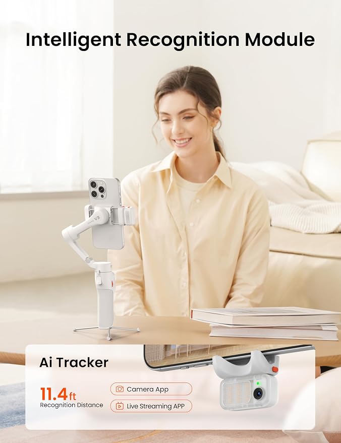 Hohem iSteady V3 Phone Gimbal Stabilizer, Magnetic AI Tracking Sensor with Fill Light, Detachable Remote Control, Built-in Extension Rod and Tripod, Foldable 3-axis Stabilization Gimbal, White - Image 3