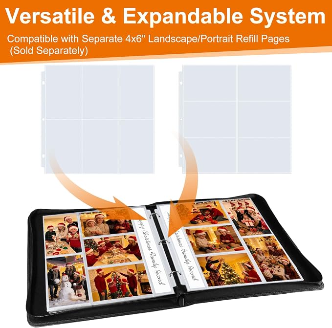 Zippered Binder Photo Album 4x6 – 20 Pack 4x6 Page Protectors in Leather Wallet, Holds 200 Horizontal & Vertical Photos, Large Capacity Photo Albums Book for Family Wedding Anniversary Baby, Black - Image 5