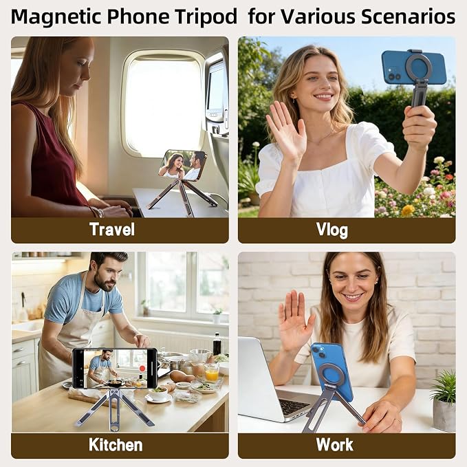 Magnetic Phone Tripod Stand for iPhone iPad, Aluminium Portable Phone Tablet Holder with Carabiner Smartphone Mini Tripod Stand Strong Magnet Compatible with iPhone 17 16 15 14 13 12 iPad Series - Image 2