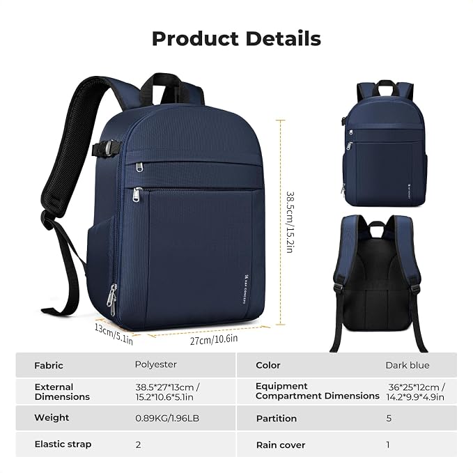 K&F CONCEPT Camera Backpack, DSLR/SLR/Mirrorless Photography Camera Bag | 14in Laptop Compartment & Rain Cover, 600D Fabric for Travel & Daily, Men & Women, Dual-Mode Detachable Dividers, Blue, B19 - Image 3
