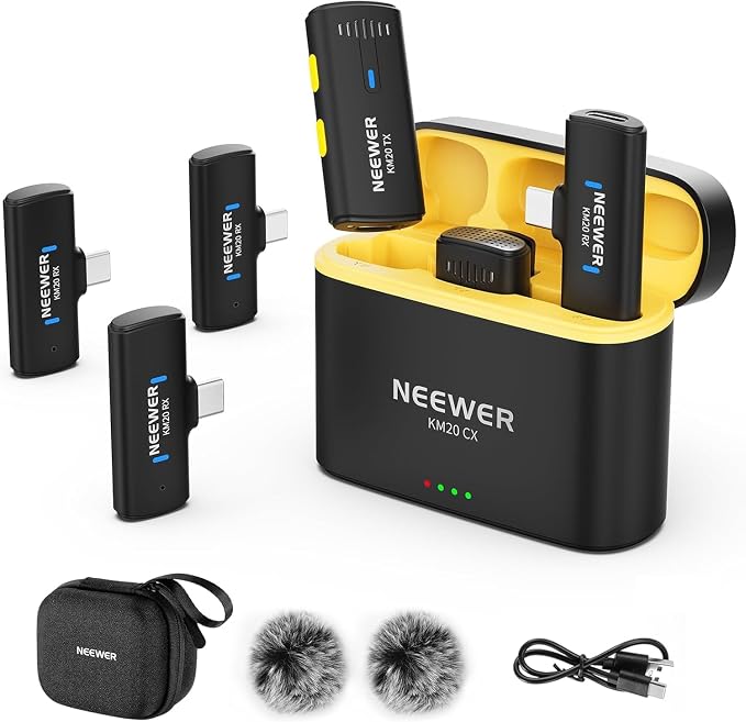 NEEWER Wireless Lavalier Microphone System for iPhone, Mini Clip on Lapel Mic Set with 2 USB C Transmitters/4 Receivers/OTG Adapter Compatible with iPhone Android Phone Computer Tablet, Black, KM20 by Neewer