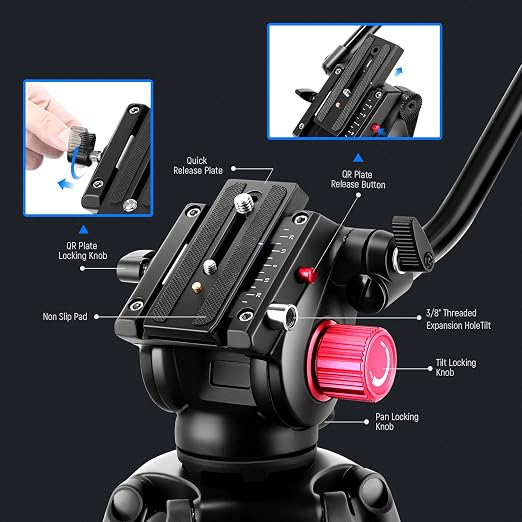 NEEWER 79"/200cm Video Tripod, Heavy Duty Aluminum Alloy Camera Tripod Stand with 360° Fluid Drag Head, QR Plate Compatible with Canon Nikon Sony and Other DSLR Camera Camcorder, Load Up to 17.6lb/8kg - Image 4