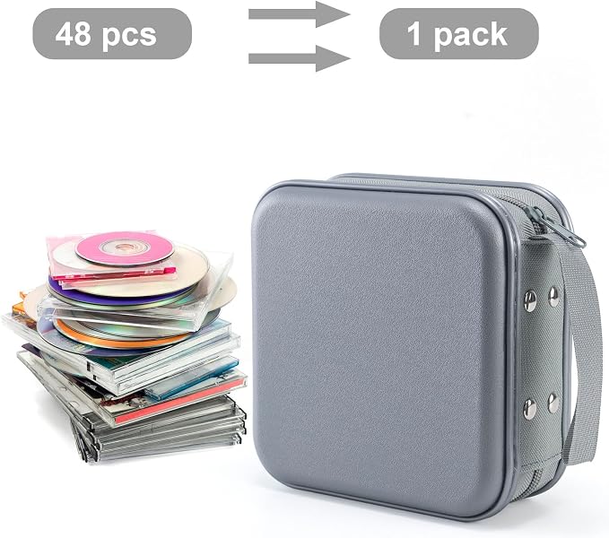 LIOVODE DVD Case, 48 Capacity Hard Plastic CD Case Holder for Car | DVD Storage, Hand Strap, Zipper Closure, Scratch-Resistant Sleeves, CD Storage for Music Blu-Ray Game Disc for Travel Office - Image 2