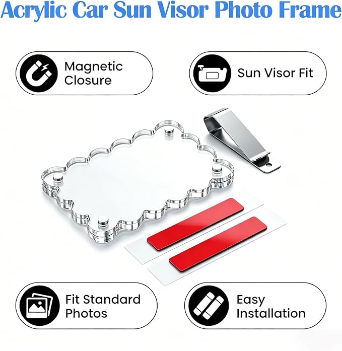 2 Pack Magnetic Car Visor Photo Holder, 2.36 x 3.54 inch Scalloped Clear Acrylic Car Picture Frame Clip for Sun Visor, Personalized Vehicle Photo Display for Family, Pets - Image 2