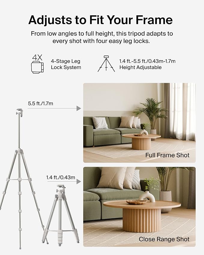 Belkin Stage Creator Tripod Stand, 5.5ft Adjustable, Phone & Camera | Pan-tilt-swivel head, lightweight, for photo, video, vlogging, YouTube, streaming, home, studio, travel - Image 3