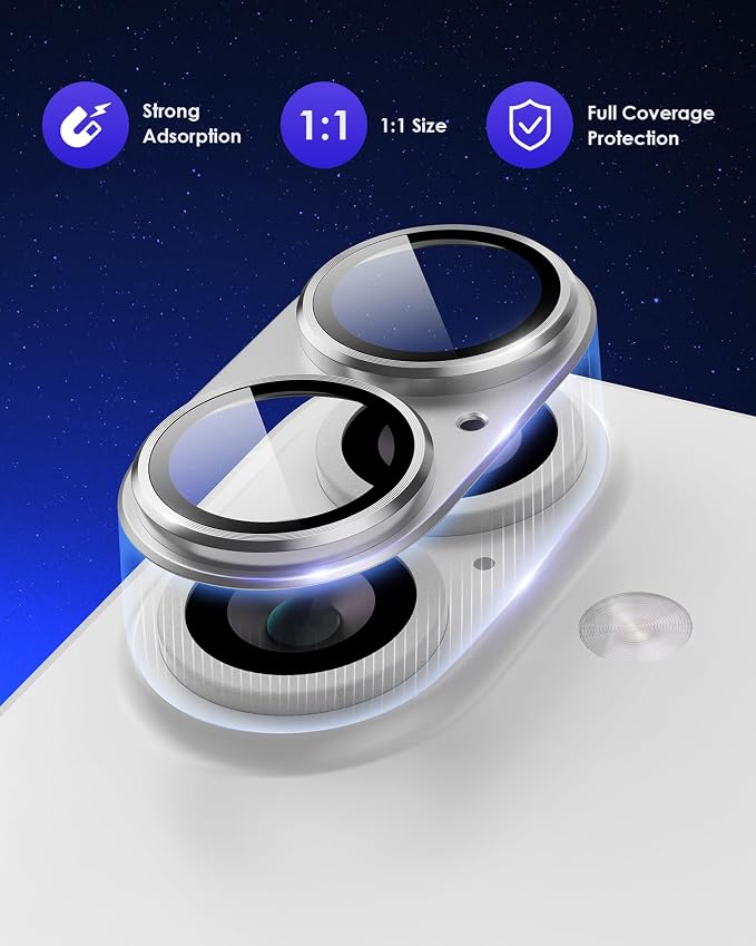 Compatible for iPhone 17 /iPhone 16 /iPhone 16 Plus Camera Lens Protector Metal Plus Aluminium Alloy Ring 9H Tempered Glass Screen Case Friendly Camera Cover Silver - Image 2