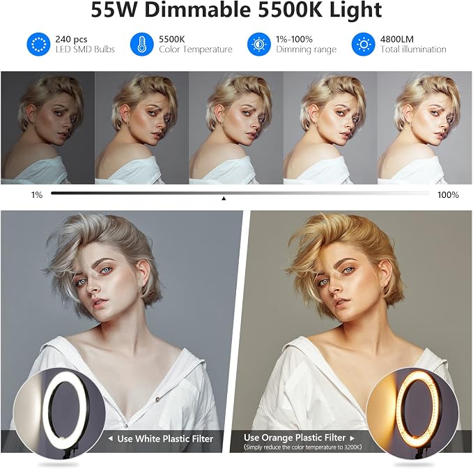 Neewer 18-Inch Ring Light, 55W Dimmable 5500K Light with 240 LEDs Color Filter, Soft Tube and Carrying Bag for YouTube, TikTok, Selfies and Photography, Compatible with Camera and Smartphones | Color Filter, Soft Tube, Carrying Bag, for YouTube TikTok,... - Image 3
