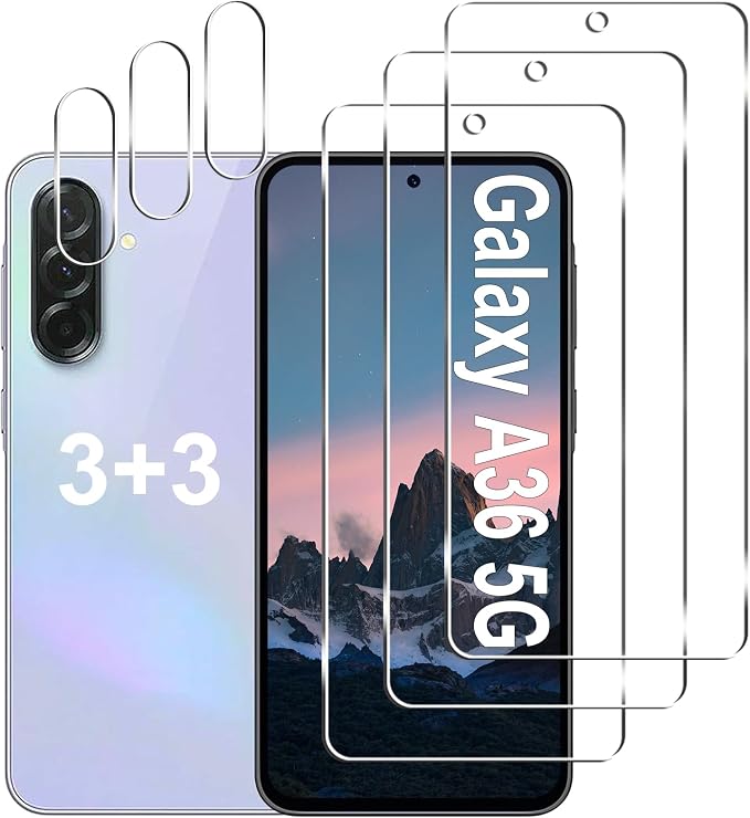 [3+3 Pack] Galaxy A36 5G Screen Protector + Camera Lens Protector, 9H Tempered Glass, Anti Scratch, Easy Installation, Bubble Free, HD Screen Protector for Samsung Galaxy A36 5G by Gliansen