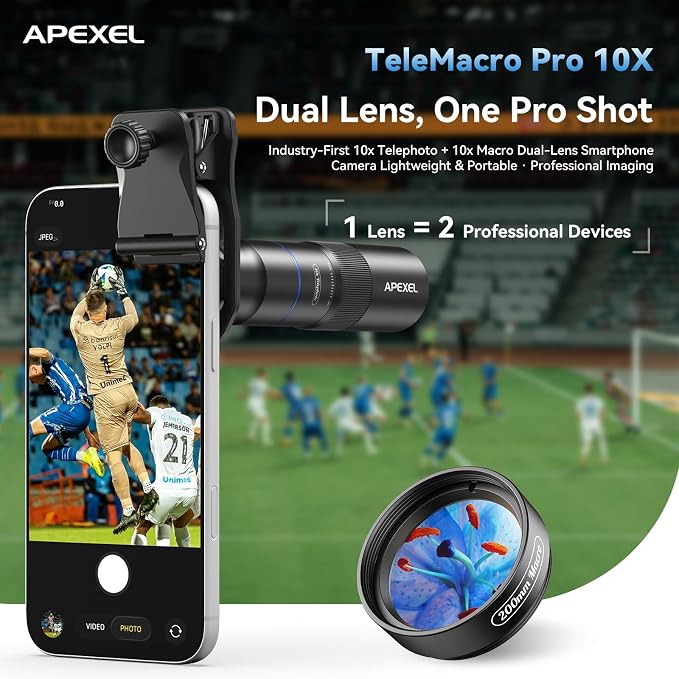 APEXEL 10X Tele-Macro Pro Dual Lens 2-in-1 for iPhone | Clip-On Telephoto & Macro Lens for Samsung/Android | 10x Zoom for Concerts, Travel, and Outdoor Exploration | Pro Photography - Image 2