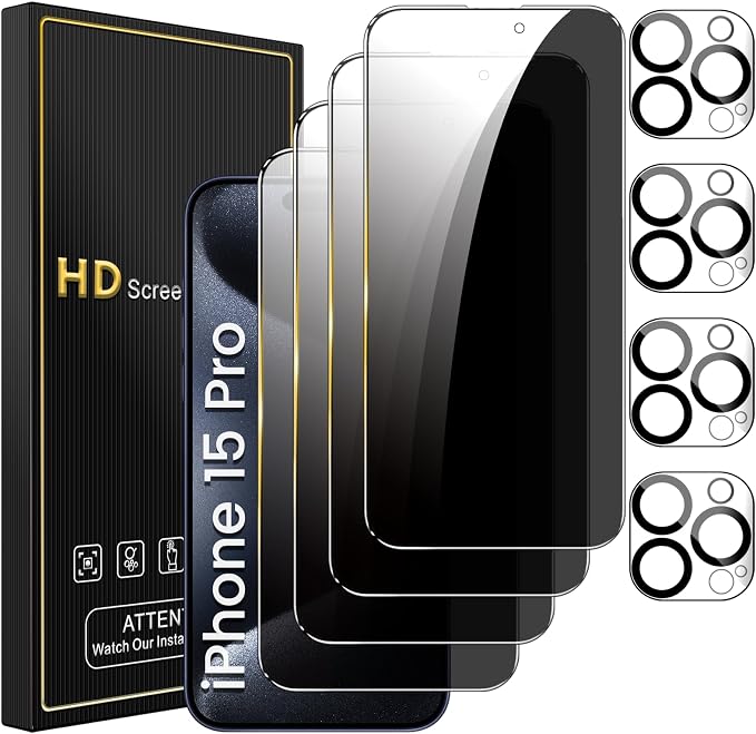 Romkasi 4 Pack Privacy Screen Protector for iPhone 15 Pro 6.1 Inch with 4 Pack Camera Lens Protector, Anti Spy Tempered Glass Film, Anti-Scratch, Touch Sensitive, Case Friendly by Unknown
