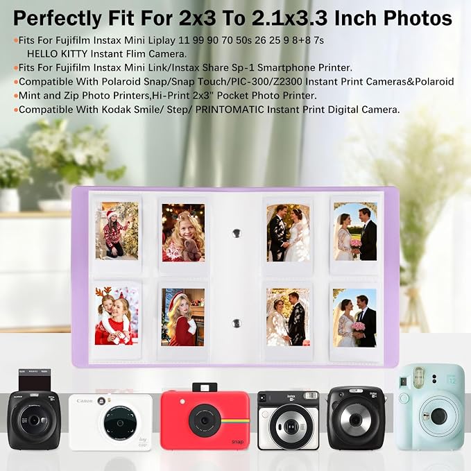 Veicevol 320-Pockets Album for Instax Mini & Polaroid 2x3 in Photos, Purple | Designed for Fujifilm Instax Mini and Polaroid 2x3 Photos, PU Leather Cover with Snap Closure Holds Up to 320 Photos Securely - Image 3