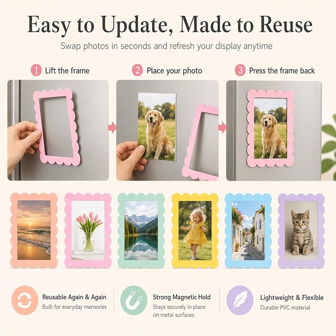 12 Pack 4x6'' Pastel Scalloped Magnetic Picture Frames | Wavy Edge Magnet Photo Borders for Refrigerator Locker Classroom Office Decor - Open Face Aesthetic Home Accessories - Image 7