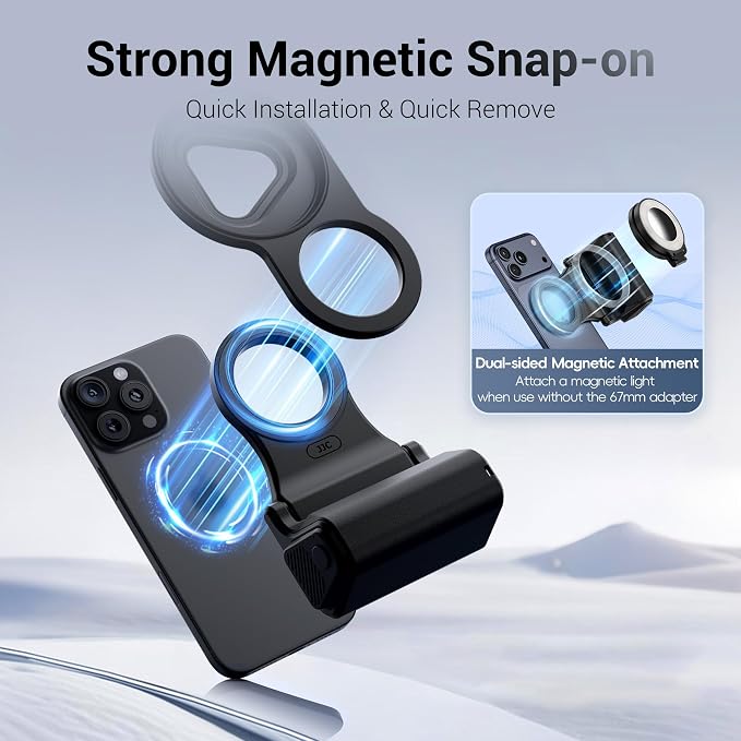 JJC Magnetic Phone Camera Grip with 67mm Filter Adapter Kit, Compatible with iPhone 16 Pro 15 Pro 14 Pro, with Remote Control & 1/4” Tripod Screw for Vlogging Video Recording Mobile Filmmaking - Image 5