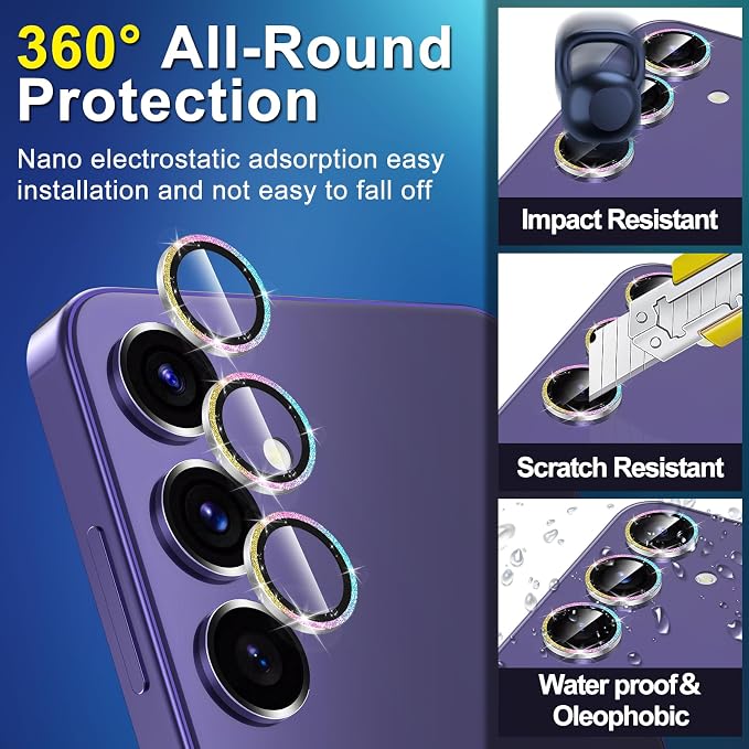for Samsung Galaxy S24 Plus Camera Lens Protector, Individual Metal Ring Tempered Glass Lens Cover, [Strong Adsorption] Scratch Resistant Ultra-Thin HD Clear Lens Cover, 1 Set-Colorful Sparkly - Image 3