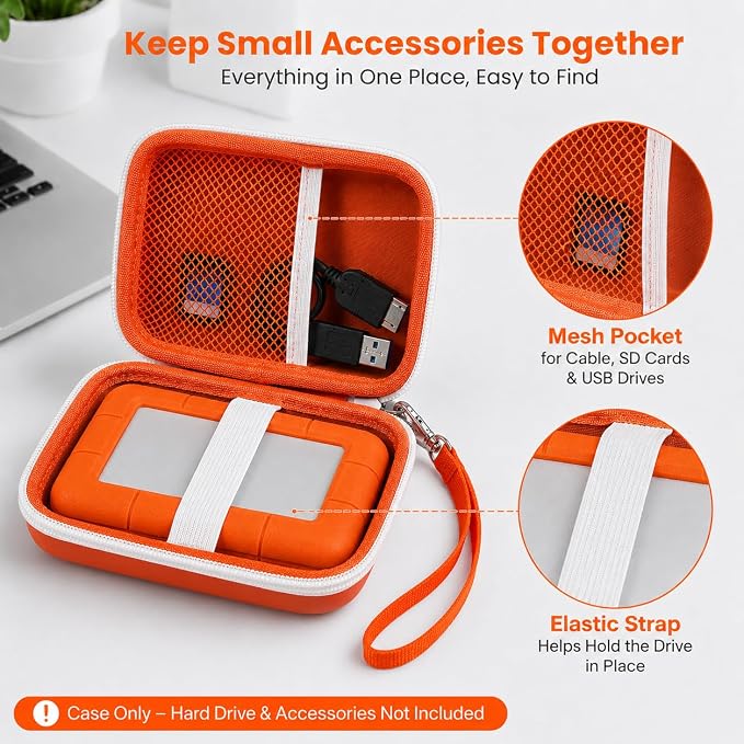ALKOO Case for LaCie Rugged Mini 1TB/2TB/4TB/5TB External Hard Drive | Portable HDD Holder, Cable Pocket, SD Card Storage, for Photographers, Creators, Students, Office,Travel,Case Only,Tangerine - Image 3