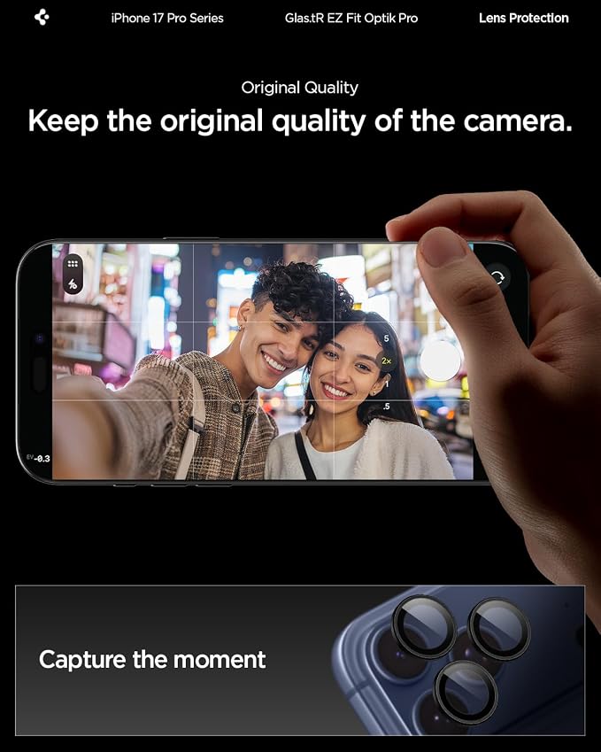 Spigen Camera Protector for iPhone 17 Pro Max, 17 Pro, 16 Pro Max, 16 Pro | GlasTR EZ Fit Optik Pro, 9H+ Tempered glass, Scratch resistant, Auto-align tray, Case-friendly-Black [2 Pack] - Image 4