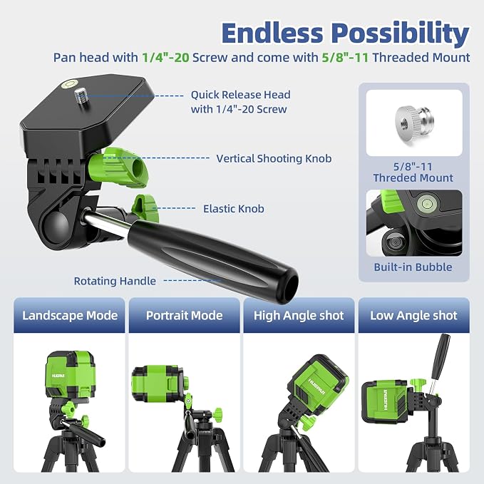 Huepar 60-Inch Lightweight Tripod Portable Adjustable Laser Level Tripod | 3-Way Swivel Pan Head, 2 Bubble Levels, 1/4" and 5/8" Thread Mount for Varieties Tools, Only for Indoor Basic Work - Image 4