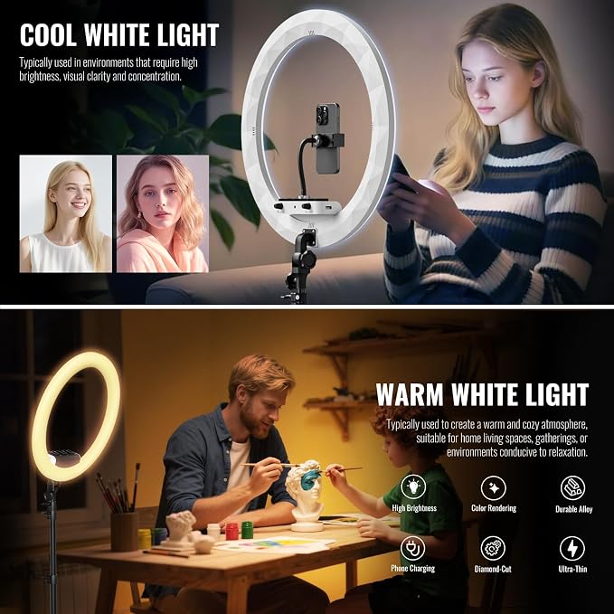 19" LED Ring Light with Stand, 78.7" Tripod, 3 Phone Holders | 45W Selfie Light, 2700K-6300K Adjustable Color, CRI 96+, Dimmable Brightness for Live Streaming, TikTok, YouTube, Makeup - Image 3