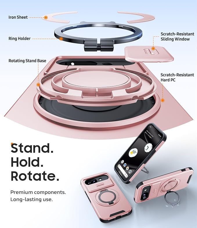 JAME for Google Pixel 10A Case with Ring Stand & Slide Camera Cover Pink | Ring Holder Kickstand, Screen Protectors, Dual-Layer Shockproof Protective, Magnetic Accessory Friendly Phone Case, Pink - Image 7