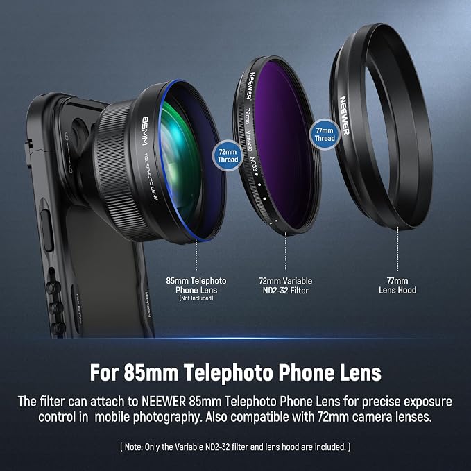 NEEWER 72mm Variable ND Filter with 77mm Lens Hood, ND2-32 Adjustable Neutral Density Filter Compatible with iPhone Android Samsung NEEWER 65mm Telephoto Phone Lens - Image 2