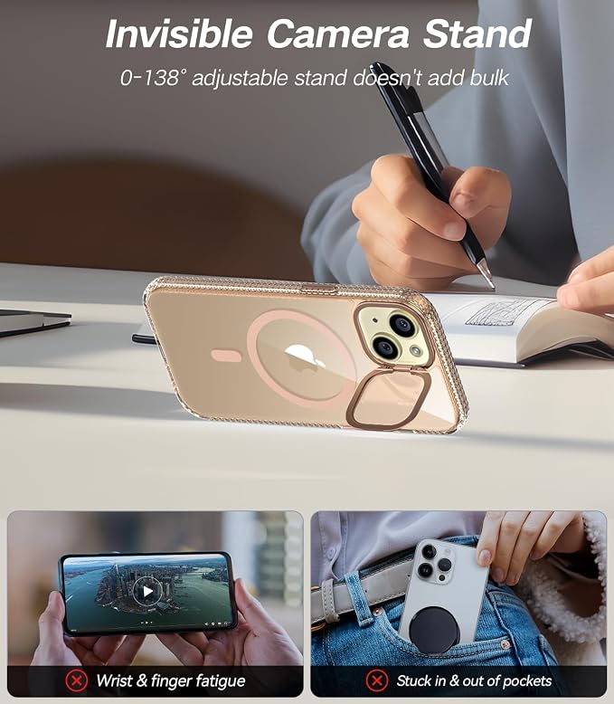 VOFATA [Upgraded] for iPhone 15 Case with Camera Cover Stand [Fit for MagSafe][9H Camera Lens Protector] Mil-Grade Protection Transparent Magnetic iPhone 15 Phone Case, Clear Gold - Image 3