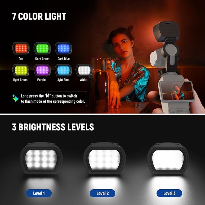 NEEWER Basics Magnetic RGB Light Compatible with DJI OSMO Pocket 3 Gimbal Camera & Creator Combo Accessories, 1W USB C Rechargeable Plastic LED Auxiliary & Fill Lighting for Selfie Vlog Video, M21C - Image 5