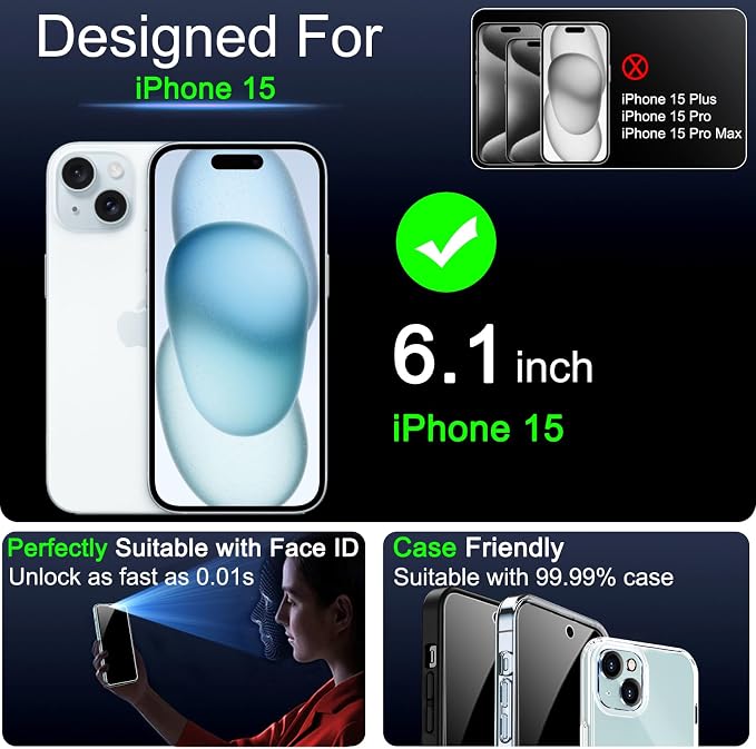 IMBZBK 3 Pack Privacy Screen Protector for iPhone 15,Tempered Glass | 9H+ Hardness, Military Grade Shatterproof, Case Friendly, Bubble Free Easy Installation Frame, with 3 Camera Lens Protectors - Image 2