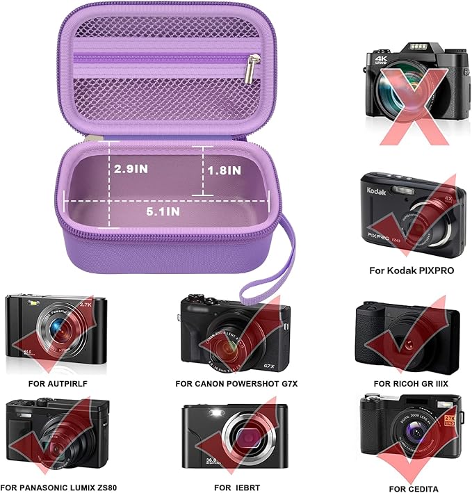 Digital Camera Case for Travelers & Vloggers, Case Only, Purple | Fits Cameras up to 5.1 x 2.9 x 1.8", Hard Shell Protection, Mesh Pocket for SD Cards Battery Cable, Compact Size for Backpack - Image 2