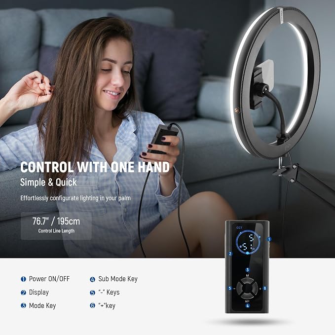 NEEWER 12" 24W High Power LED Ring Light Compatible with iPhone, 60" Overhead Folding Light Stand/Phone Holder Mount for Video Recording Selfie Makeup Streaming,2900-7000K USB C PD Input CRI97+,RH12B - Image 8