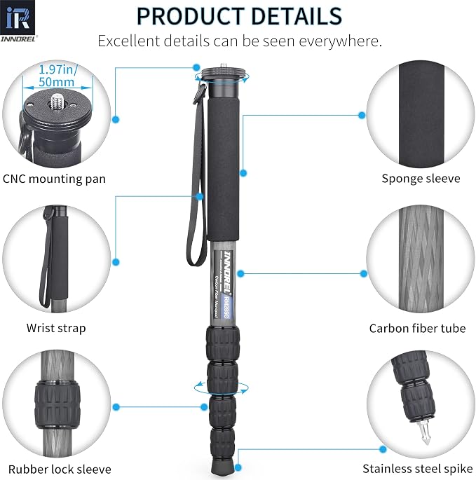 Carbon Fiber Camera Monopod INNOREL RM285C Professional Portable Compact Lightweight Travel 5-Section Monopod for Canon Nikon Sony DSLR Camera Video Camcorder DV Photography Bracket Load 22lbs/10kg - Image 4