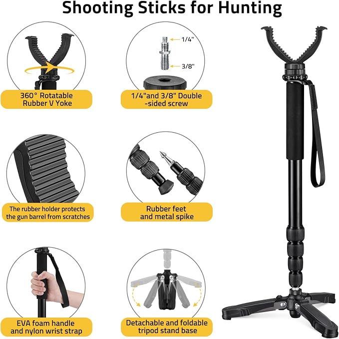 CVLIFE Hunting Monopod Shooting Stick Tripod Gun Rifle Crossbow Rest | Tiltable and Horizontally Rotatable Tri-Stand Tripod Base, 20.5"-66.1" Height Adjustment, Aluminum, for Hunting Shooting - Image 4